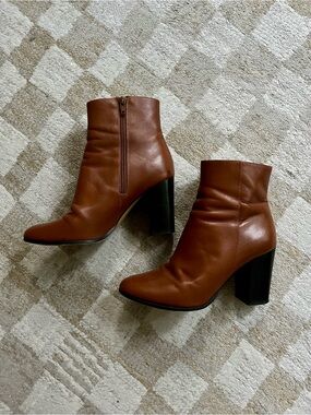 Maje Cognac Leather Block Heel Ankle Boots